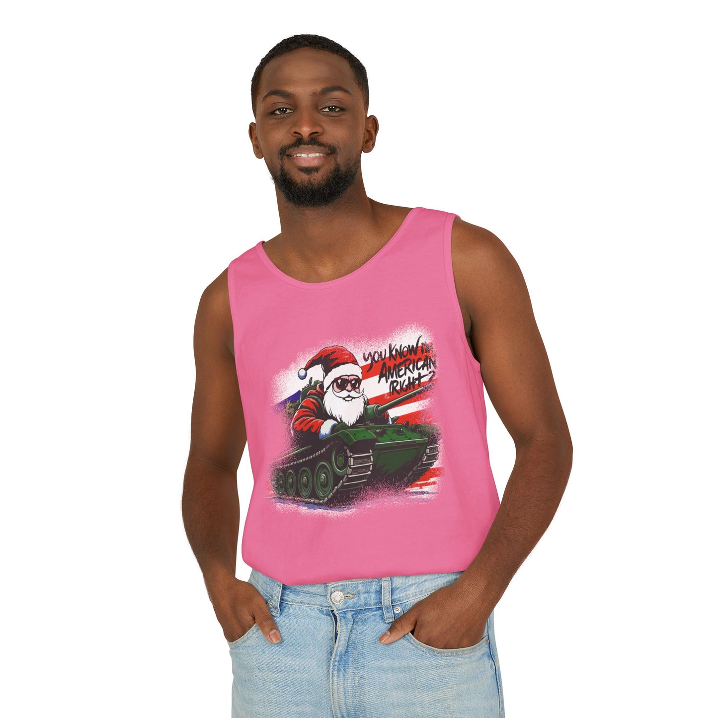 Santa Tank Top — 'YOU KNOW I’M AMERICAN RIGHT?' Military Holiday Graphic Tank