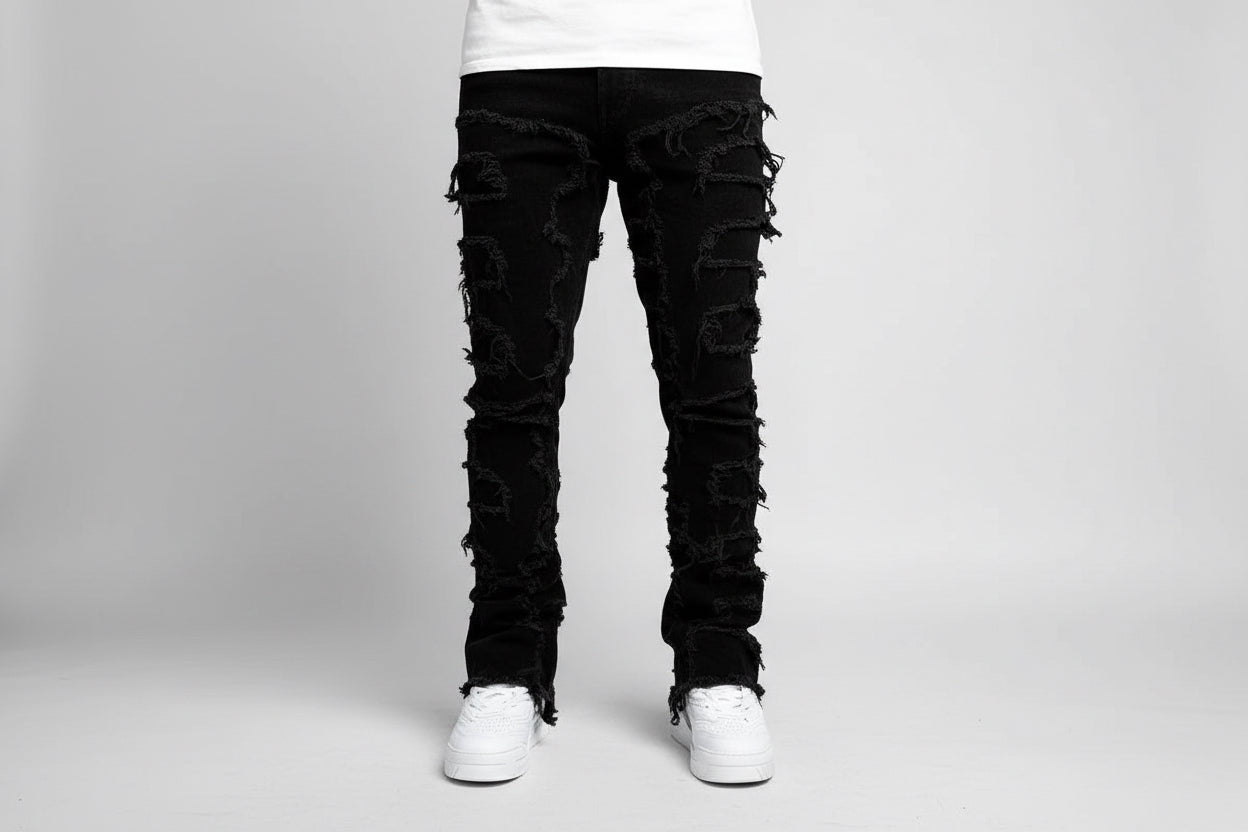 Ins Fringes Ripped Trousers Individual Patched Pants Long Tight Fit Stacked Jeans For Mens Clothing