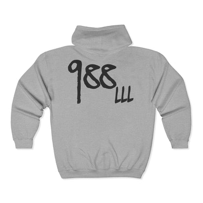 Graffiti Hoodie with ‘ 988 LLL ' Back Graphic — Streetwear Zip-Up