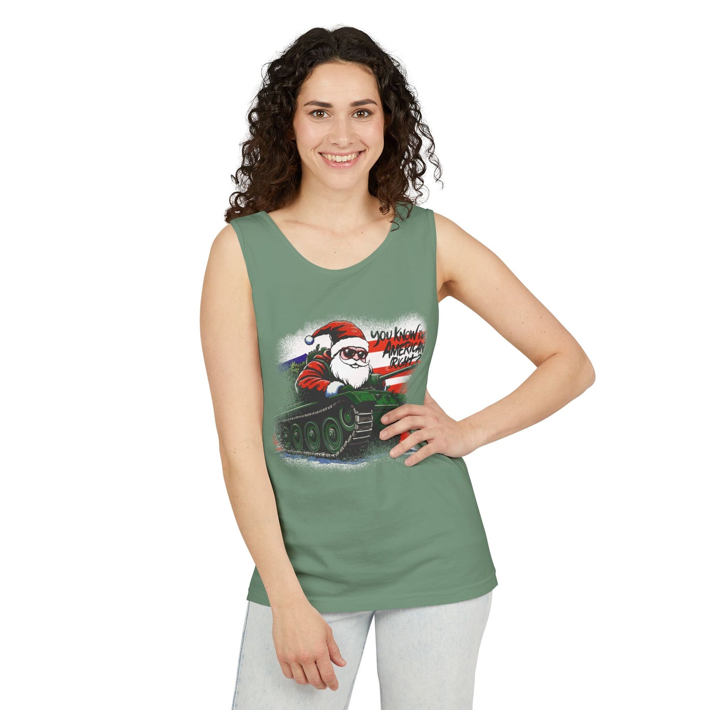 Santa Tank Top — 'YOU KNOW I’M AMERICAN RIGHT?' Military Holiday Graphic Tank