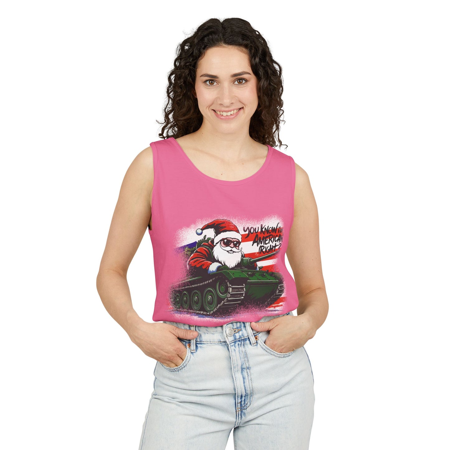 Santa Tank Top — 'YOU KNOW I’M AMERICAN RIGHT?' Military Holiday Graphic Tank