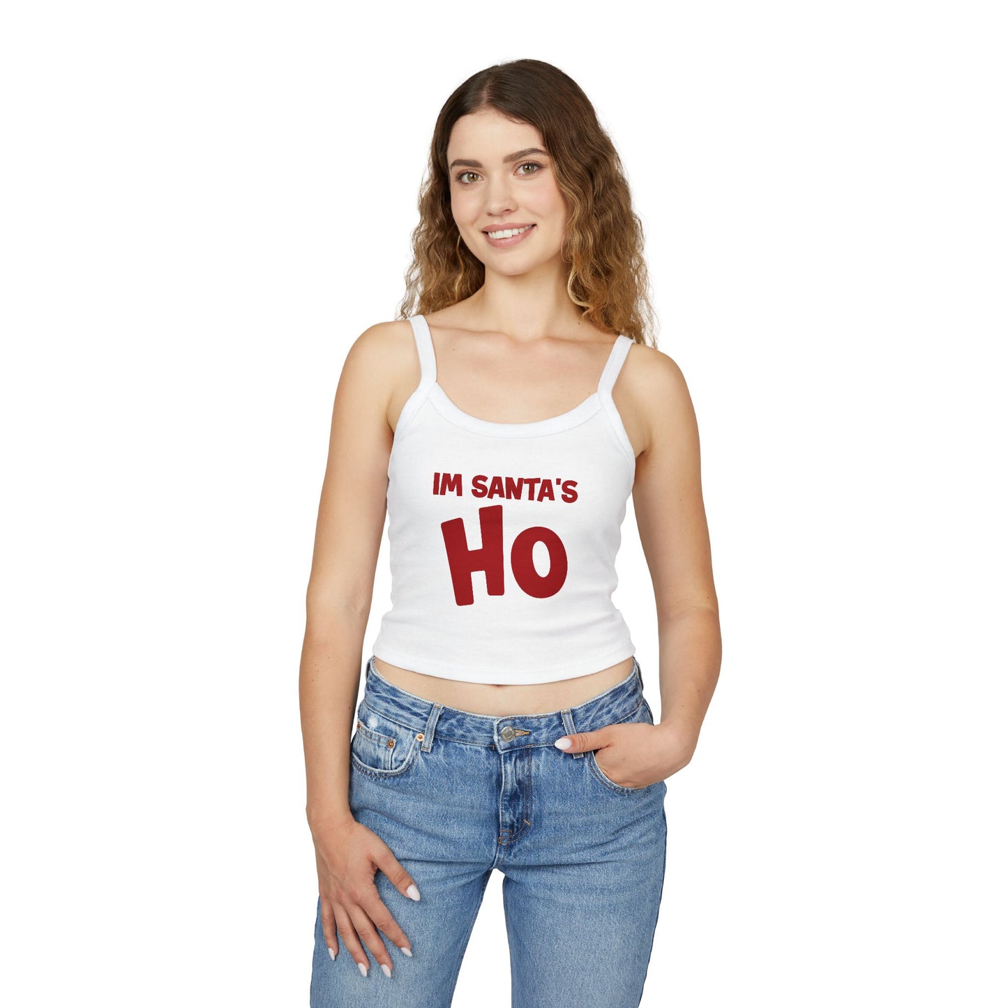Women's Christmas Tank Top — "I'm Santa's Ho Ho Ho Now You Know" Crop Spaghetti Strap