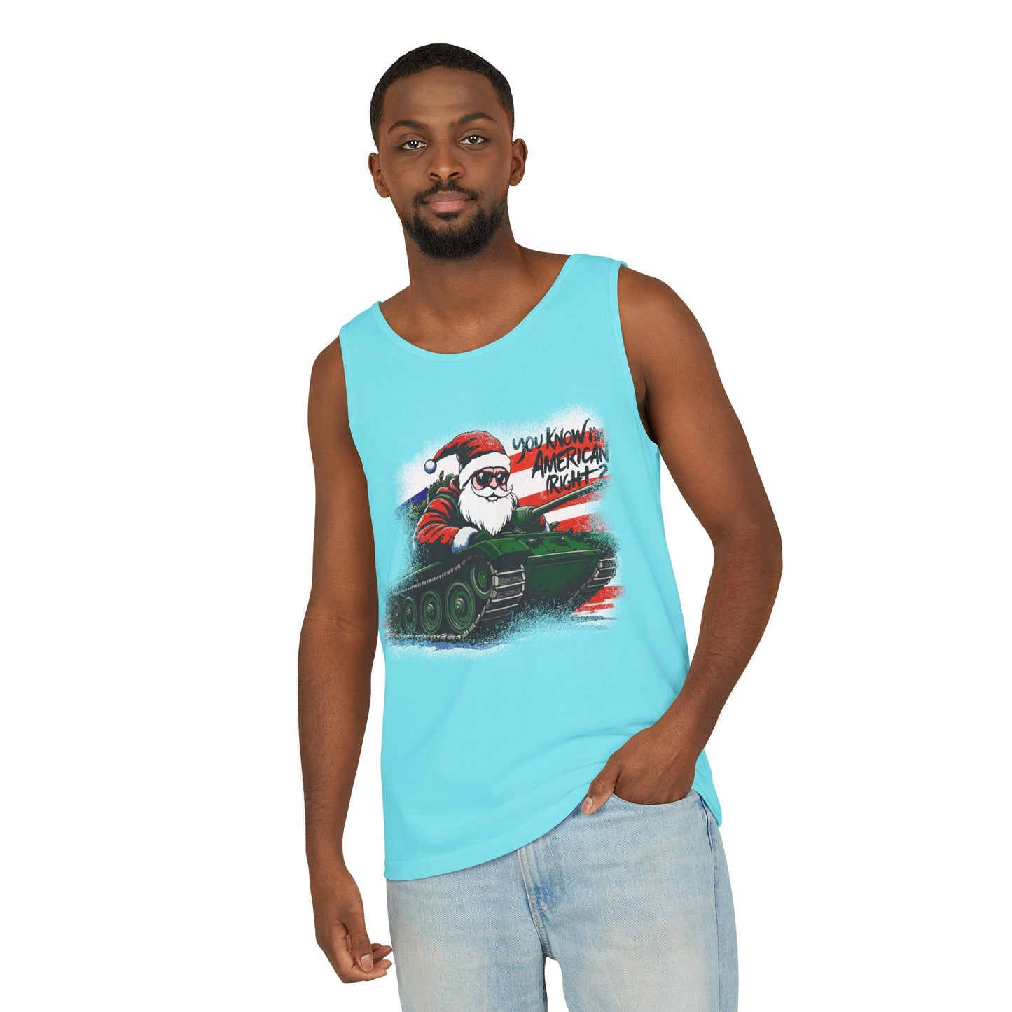 Santa Tank Top — 'YOU KNOW I’M AMERICAN RIGHT?' Military Holiday Graphic Tank