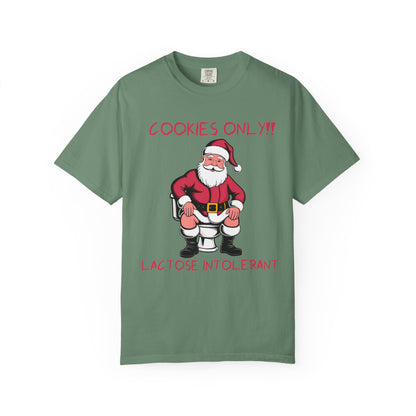 Christmas T-Shirt — Funny Santa “Cookies Only!! Lactose Intolerant” Holiday Tee