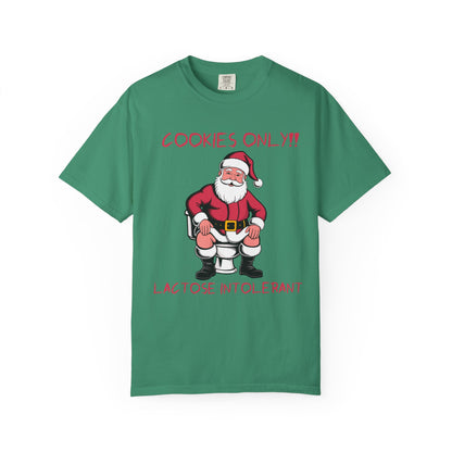 Christmas T-Shirt — Funny Santa “Cookies Only!! Lactose Intolerant” Holiday Tee