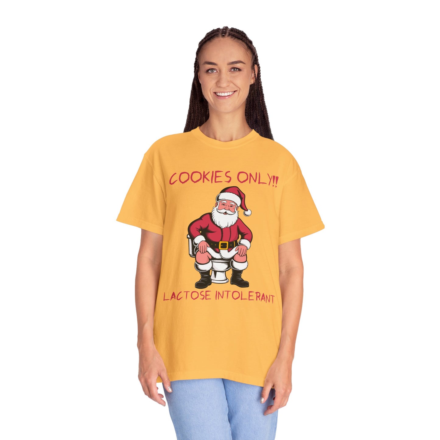 Christmas T-Shirt — Funny Santa “Cookies Only!! Lactose Intolerant” Holiday Tee