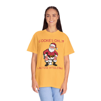 Christmas T-Shirt — Funny Santa “Cookies Only!! Lactose Intolerant” Holiday Tee