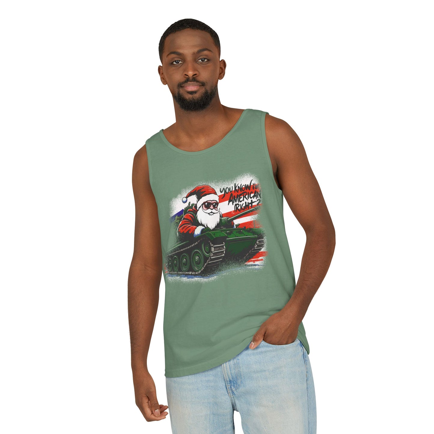 Santa Tank Top — 'YOU KNOW I’M AMERICAN RIGHT?' Military Holiday Graphic Tank