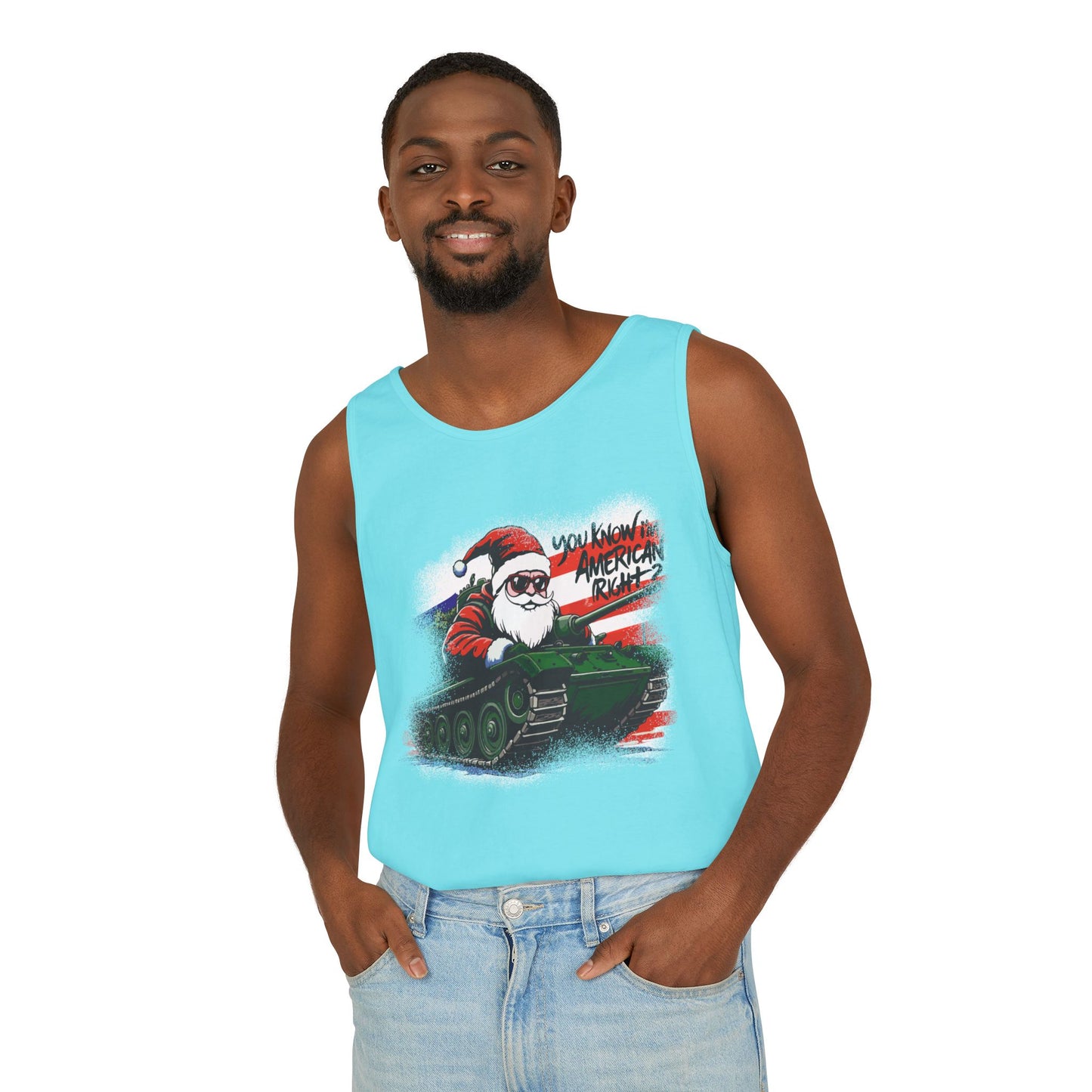 Santa Tank Top — 'YOU KNOW I’M AMERICAN RIGHT?' Military Holiday Graphic Tank