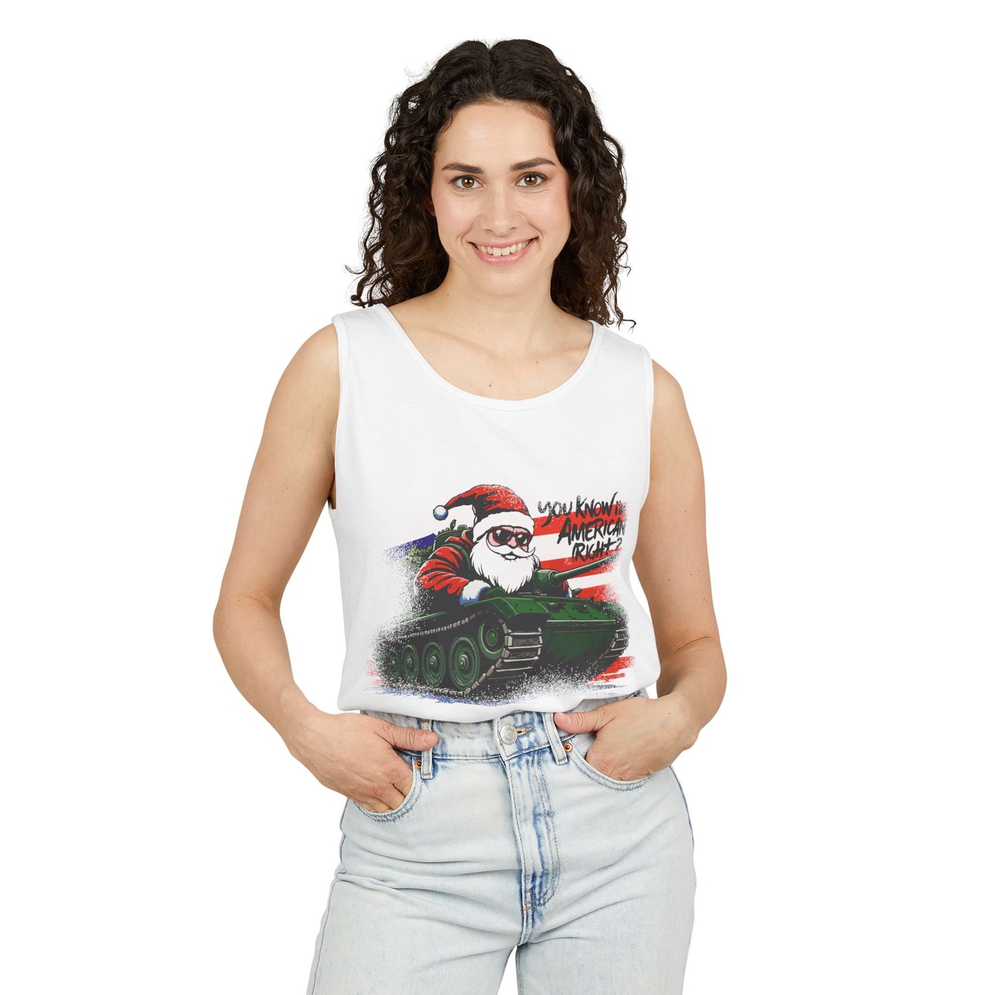 Santa Tank Top — 'YOU KNOW I’M AMERICAN RIGHT?' Military Holiday Graphic Tank