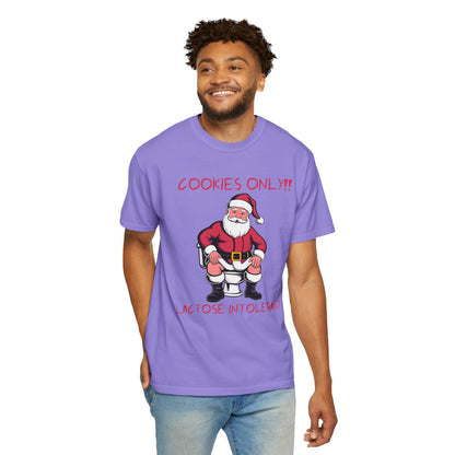 Christmas T-Shirt — Funny Santa “Cookies Only!! Lactose Intolerant” Holiday Tee