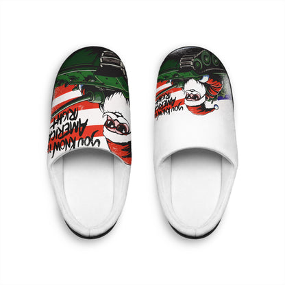 Men's Christmas Slippers — Funny Santa Tank Holiday Indoor Slippers YOU KNOW IM AMERICAN RIGHT
