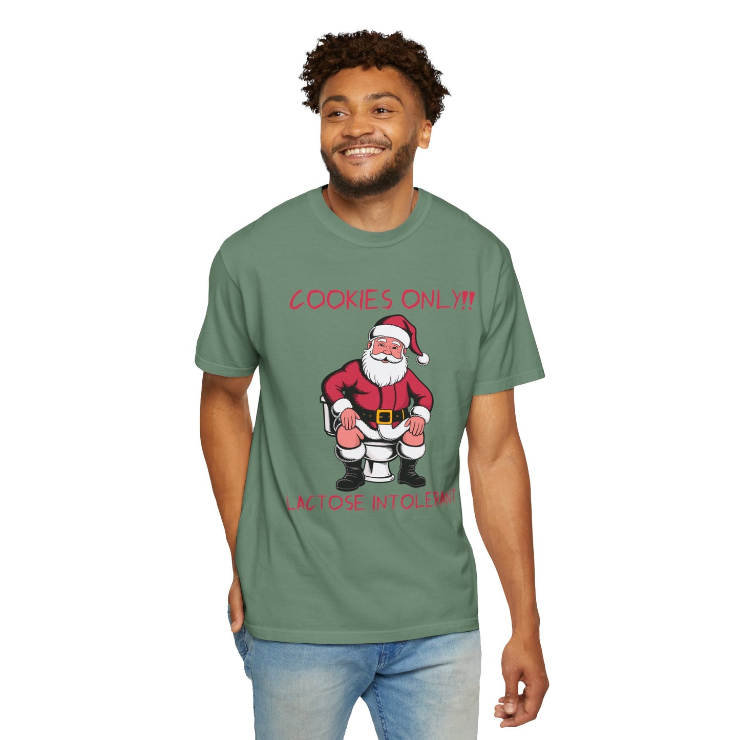 Christmas T-Shirt — Funny Santa “Cookies Only!! Lactose Intolerant” Holiday Tee