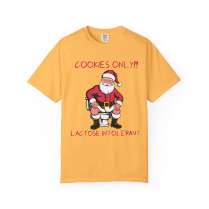 Christmas T-Shirt — Funny Santa “Cookies Only!! Lactose Intolerant” Holiday Tee
