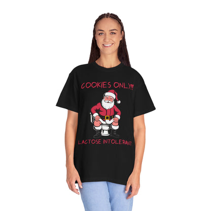 Christmas T-Shirt — Funny Santa “Cookies Only!! Lactose Intolerant” Holiday Tee