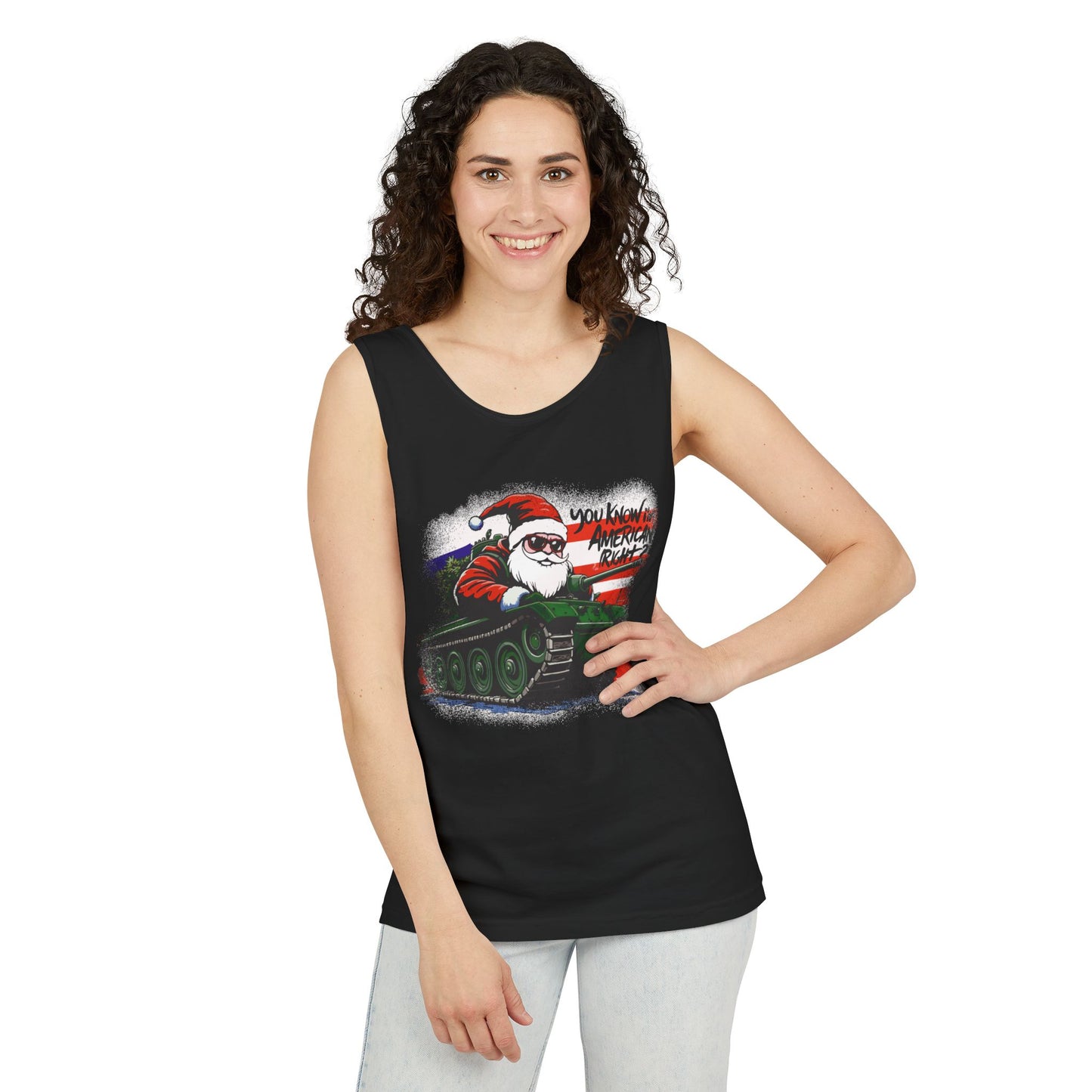 Santa Tank Top — 'YOU KNOW I’M AMERICAN RIGHT?' Military Holiday Graphic Tank