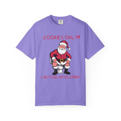 Christmas T-Shirt — Funny Santa “Cookies Only!! Lactose Intolerant” Holiday Tee