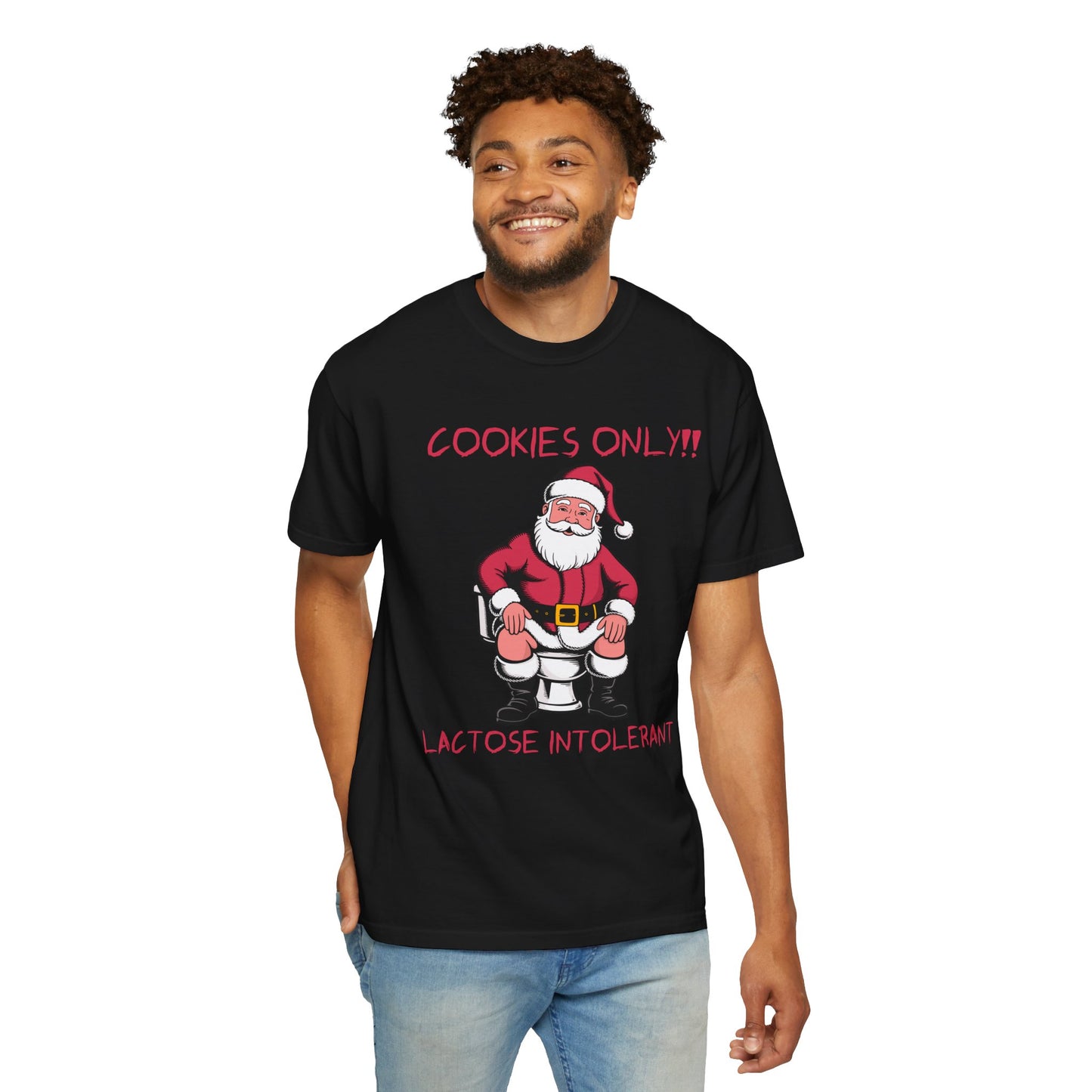 Christmas T-Shirt — Funny Santa “Cookies Only!! Lactose Intolerant” Holiday Tee