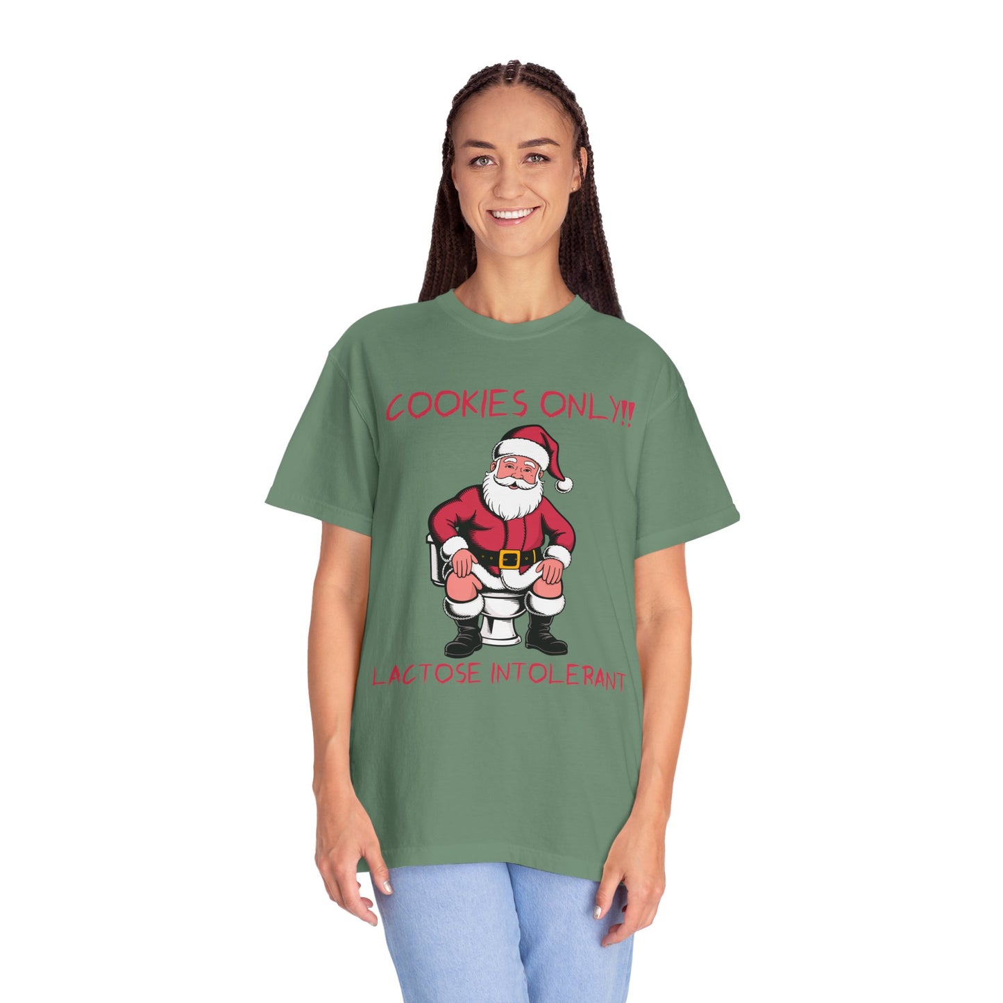 Christmas T-Shirt — Funny Santa “Cookies Only!! Lactose Intolerant” Holiday Tee