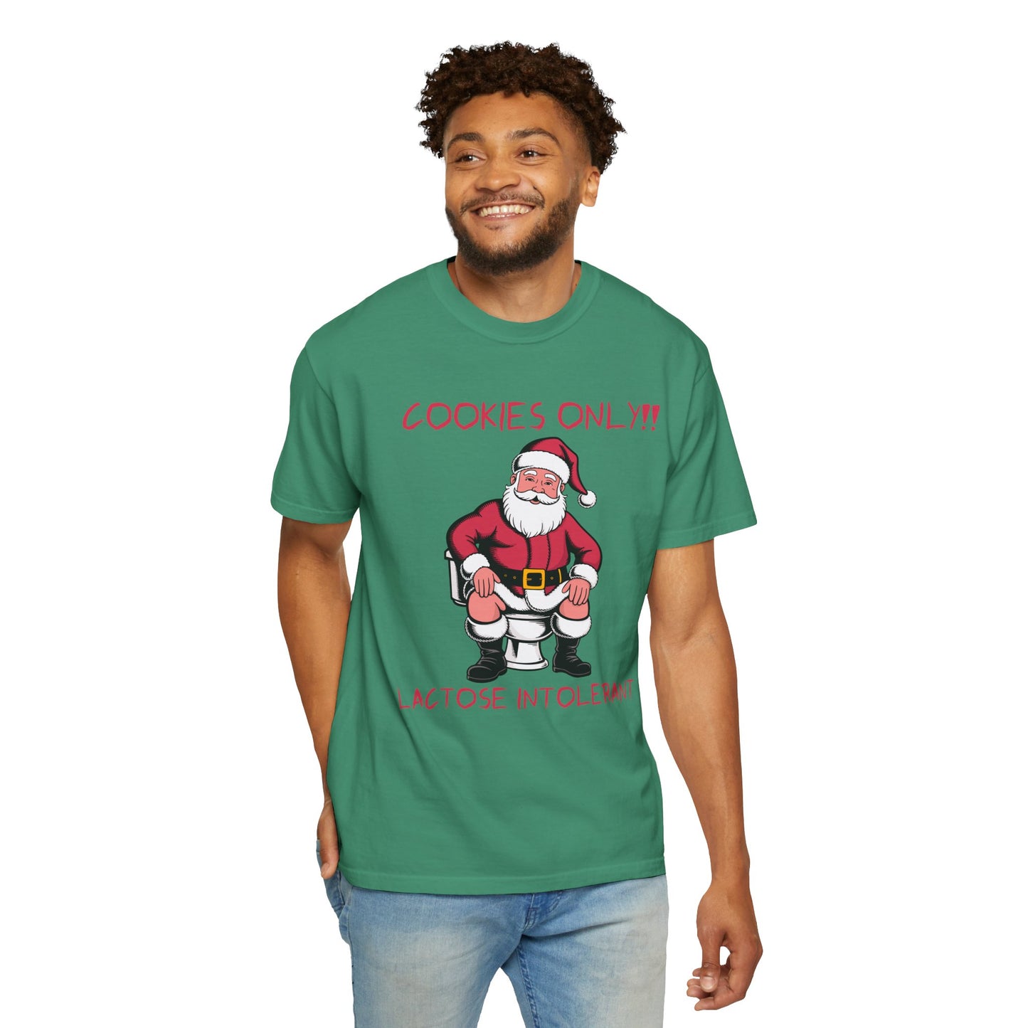 Christmas T-Shirt — Funny Santa “Cookies Only!! Lactose Intolerant” Holiday Tee