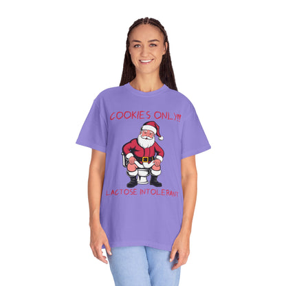 Christmas T-Shirt — Funny Santa “Cookies Only!! Lactose Intolerant” Holiday Tee