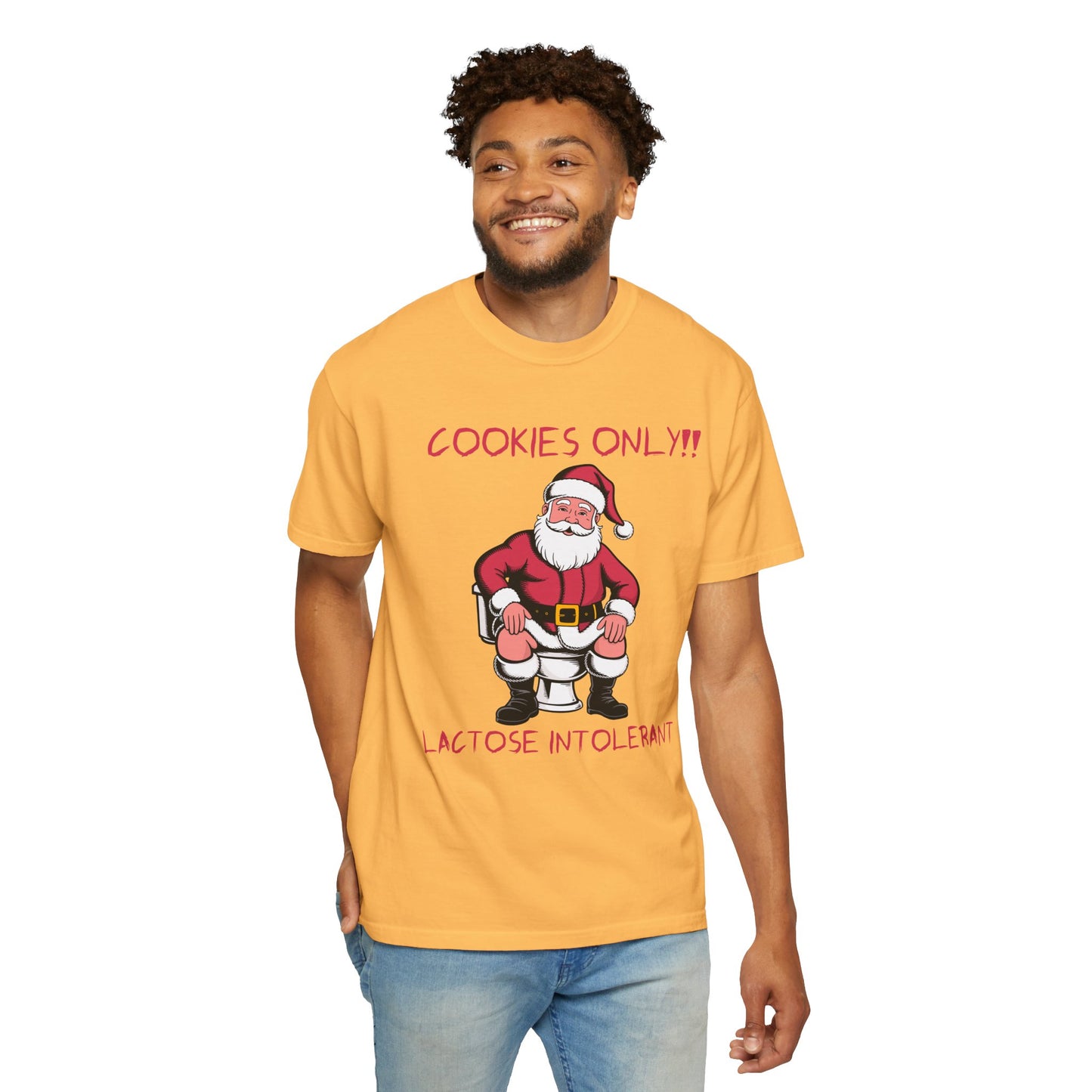 Christmas T-Shirt — Funny Santa “Cookies Only!! Lactose Intolerant” Holiday Tee