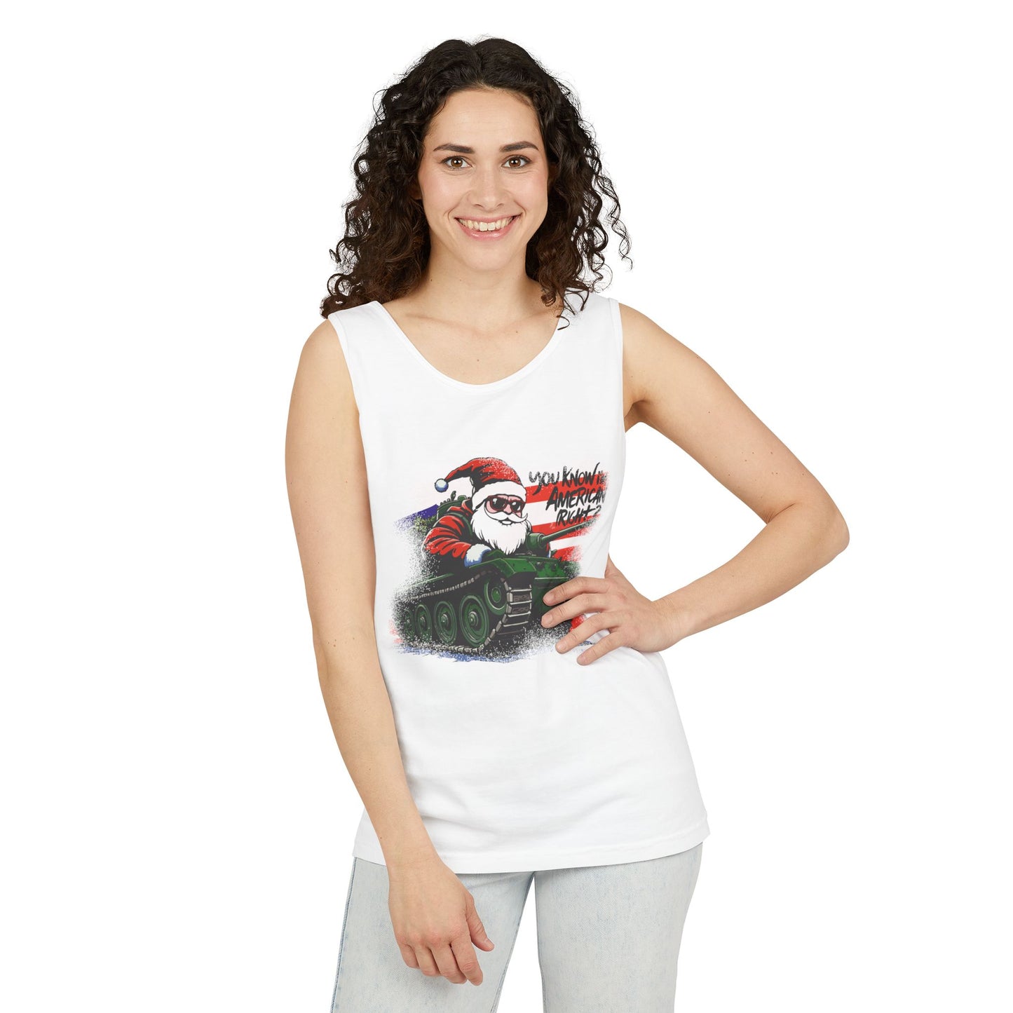 Santa Tank Top — 'YOU KNOW I’M AMERICAN RIGHT?' Military Holiday Graphic Tank